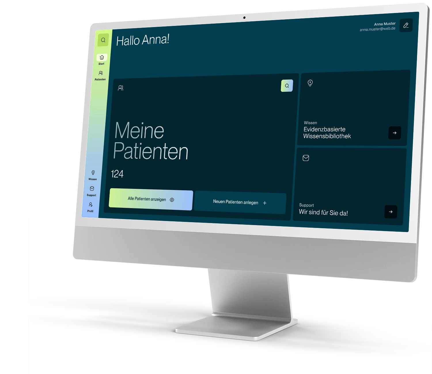 Das iptas Dashboard mit Patientenübersicht und Wissensbibliothek