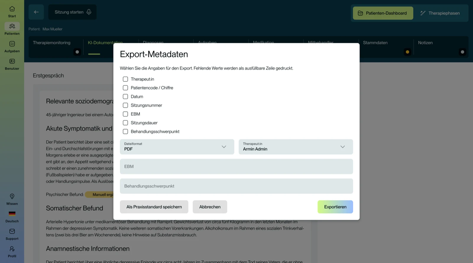 Dialog „Export-Metadaten“ im Sitzungsbericht mit auswählbaren Angaben für den Berichtsexport