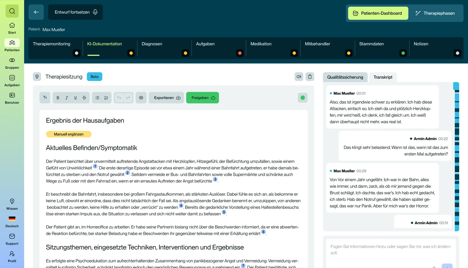 Sitzungsbericht mit Quellenmarkierungen und zugehörigen Transkriptpassagen.
